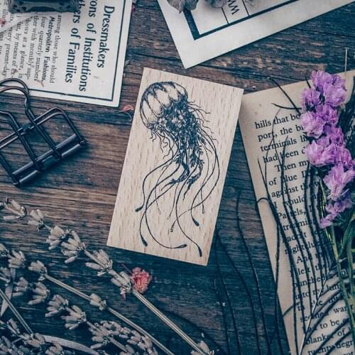 Solid Wood Stamp Jellyfish Cartoon Sketch Seals 7x4cm Wooden Seal for Diary Hand Account Invitation Card Decoration Gift Stamps