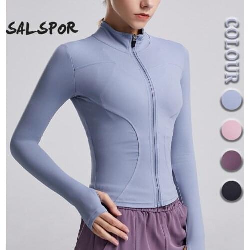 SALSPOR Athletic Sport Shirts Women Slim Fit Long Sleeved Fitness Coat Yoga Crop Tops With Holes Gym Jacket Workout Sweatshirts
