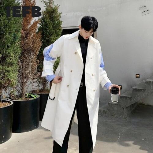 IEFB /mens wear Autumn new Windbreaker for Male vintage fashion Korean long coat patchwork fake two pieces trench coat 9Y1203