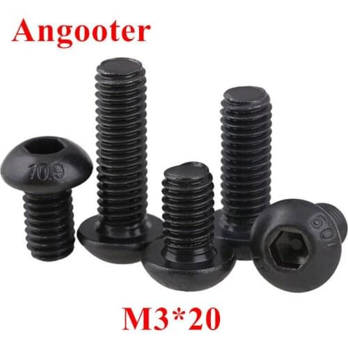 500pcs M3*20 Black Steel Hexagon Socket Button head Screw Threaded 3mm Round Head Mushroom Machine Screws Bolts