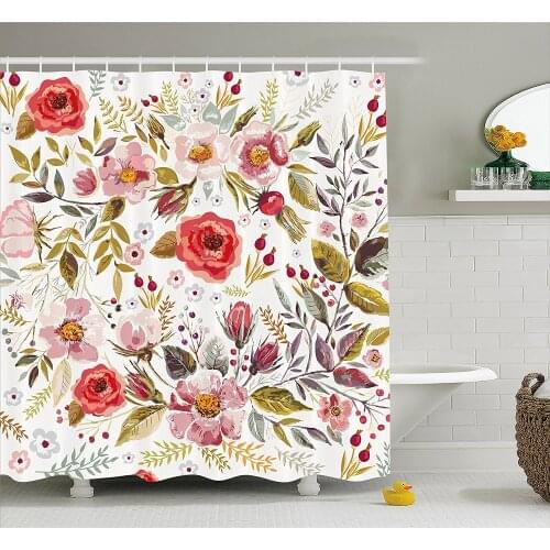 Vintage Shower Curtain Floral Theme Hand Drawn Romantic Flowers and Leaves Illustration Fabric Bathroom Decor Set with Hooks