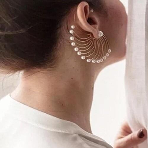 Women Irregular Fan Shape Faux Pearl Ear Stud Earrings Statement Party Jewelry