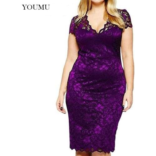 Women Lace Dress V-Neck Short Sleeve Knee-Length Bodycon Sheath Dresses Sexy Office Lady Formal Plus Size Summer New 224-163
