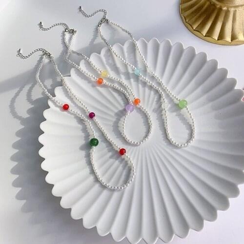 VSnow Korean Summer Multicolor Round Ball Chokers Necklace for Women Textured Simulation Pearl Necklace Jewellery Accessories