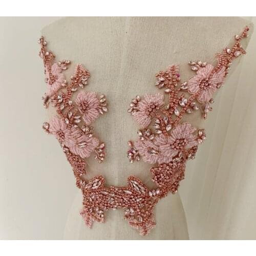 1 Pair Pink Rhinestone Applique,Heavy Bead Crafted Rhinestone Applique For Bridal For Couture, Dance Costume