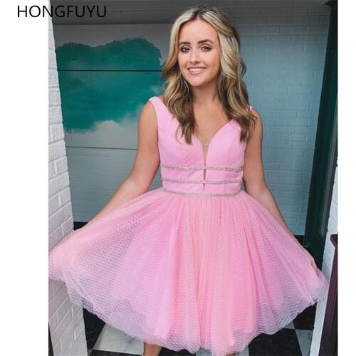 HONGFUYU Glitter Pink Tulle Homecoming Cocktail Dress Sheer V Neck Beaded Short Prom Dress A Line Graduation vestidos de cóctel