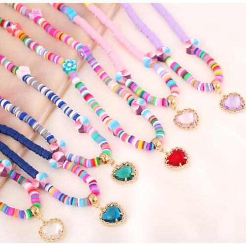 Bohemian Polymer Clay Heart Necklace Soft Pottery Statement Crystal Choker Colorful Beads Collar Handmade Women Jewelry Gift