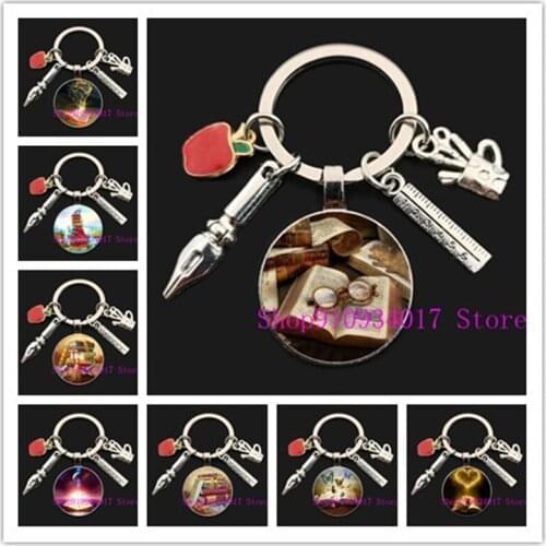 New creative teachers day gift keychain, apple ruler pen holder nib round glass pendant keychain, high-quality keycha