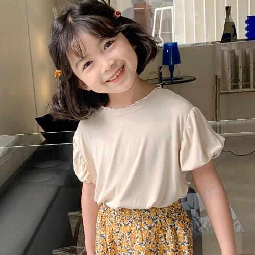 Childrens Clothing 2021 Summer Baby Girls Cotton T Shirts Casual Solid Puff Sleeve T-Shirts for Girls 2-9 Y Kids Korean Shirts