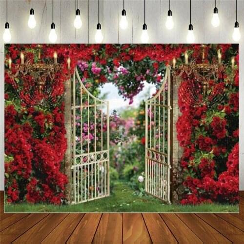 Spring Garden Photography Backdrop Red Rose Valentines Day Flower Vintage Landscape Background Wedding Bridal Shower Banner