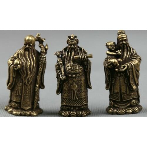 Small Curio Chinese Bronze Taoism 3 Longevity God Fu Lu Shou Life Wealth Statue