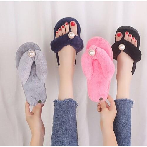 2021 New Autumn and Winter Slippers Non-slip Outer Wear Plush Flip Flops Solid Color Flat-heeled Plush Slippers