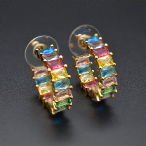 2019 New Gold Copper Colorful Rectangle AAA Cubic Zirconia Round Earrings Fashion Female Party Gift For Womens Fashion jewelry