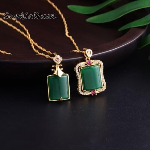 New Design Green Stone Pendant Necklaces Geometry Chinese Style Chain Fashion Accessories Necklace for Women Girls Friend Gifts