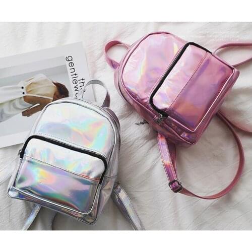 NEW arrival women hologram backpack laser bag mini girls school bag solid color PU leather shoulder bag female fashion
