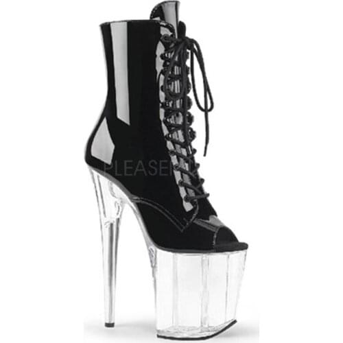 8 inch high heel model boots, fish mouth banquet transparent waterproof platform boots, 20 cm thin heel, zipper open stage sexy ankle boots
