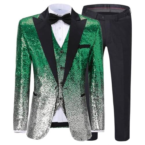 Green Silver Mens suit Shiny Sequins Suit Slim Fit Gold Tuxedos Blazer+Vest+Pant For Party Wedding Banquet Prom Stage Costume