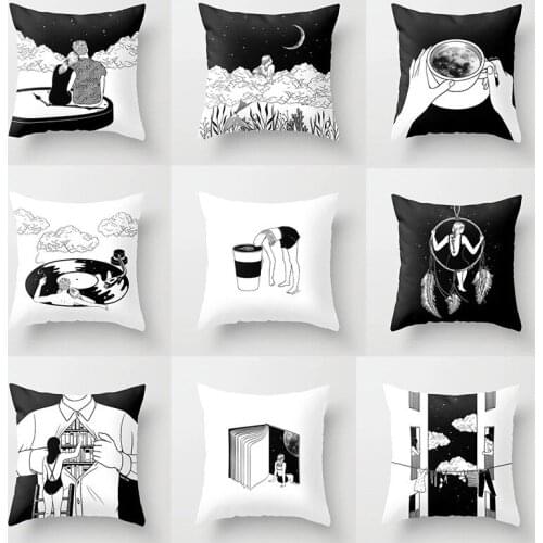 Nordic modern simplicity Black White Cartoon Comic Portrait Super soft Polyester Home Decorative Pillows Sofa Car Cushion cover