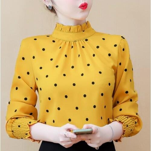 Womens Tops And Blouses Blusas Mujer De Moda 2021 Stand Collar Dot Chiffon Blouse Shirt Clothes Long Sleeve Blouse Women C708