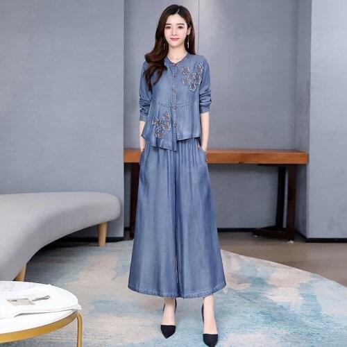 Spring Summer Womens Embroidery Full Sleeve Irregular Denim Trousers Sets , Woman Clothes , Wide Leg Loose Pants for Women