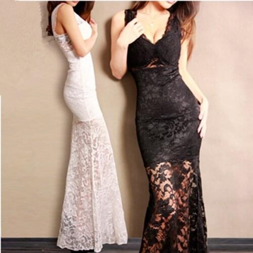 Lace Crochet V-neck Evening Party Dresses Women Tank Vestido De Festa Long Maxi Dresses Black White Formal Gown 2021 Y757