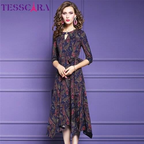 TESSCARA Women Autumn Vintage Print Dress Festa Female High Quality Eleg Office Robe Femme Designer Vestidos Plus Size M-3XL