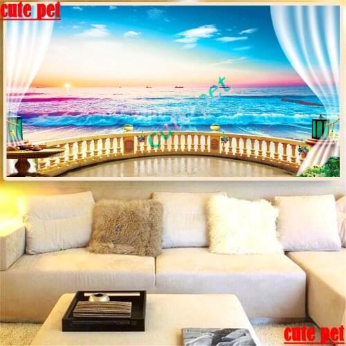 Large DIY Diamond Painting 5D Diamond Embroidery Window seascape Cross Stitch Mosaic Full Square round Drill Gift Home Decor