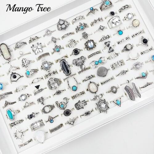 50Pcs/Lot Bohemia Vintage Silvery Rings for Women Mixed Size Crown Elephant Butterfly Finger Ring Party Jewelry Gifts Wholesale