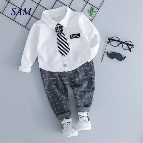 Boys clothing set 2019 spring formal gentleman 2pcs suit for kids clothess bebe cotton set children plaid tracksuit set
