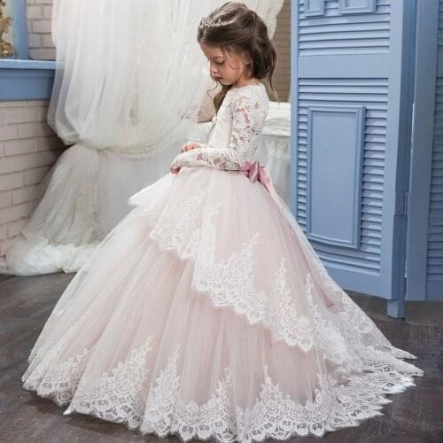 Lace Flower Girl Dresses For Wedding Long Sleeve Junior Bridesmaid Kids Evening Birthday Party Princess Gown First Communion