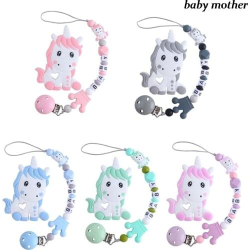 New Baby Unicorn Silicone Teether Cartoon Unicorn Animal Teether Chain Pacifier Clips Holder