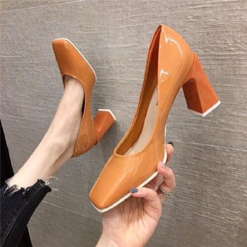Patent Leather Solid Color Retro Square Toe Ladies Single Shoes Spring And Autumn Fashion New Set Foot Shallow Mouth High Heels
