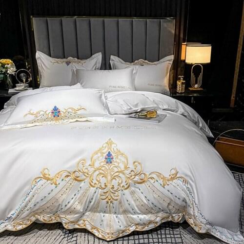 Luxury European Royal Gold Embroidery White 600TC Egyptian Cotton Bedding Set Duvet Cover Bedspread Flat Sheet Pillowcases