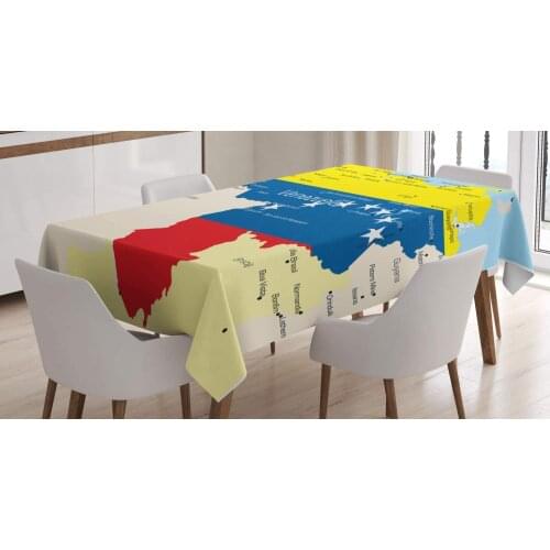 Uniqued Venezuela Tablecloth, Colorful and Detailed Map Illustration Country Names and Regions Flag Colors Yellow Blue
