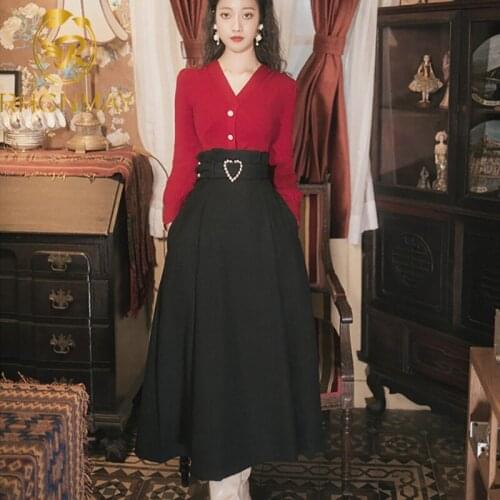 2021 Vintage Spring Elegant Women set Lace up Two pieces Set V neck Red Sweater + High Waist Beading Skirt Female Suit