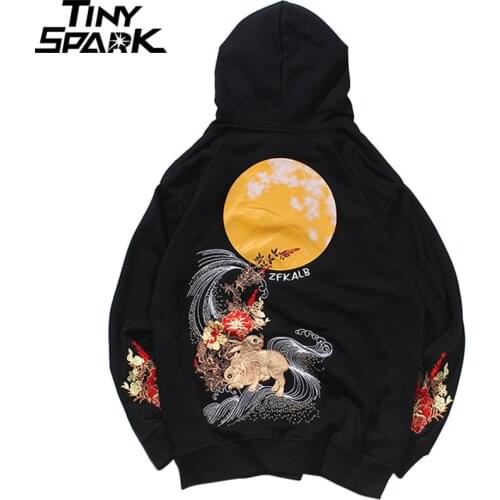 2021 Men Hip Hop Hoodie Sweatshirt Embroidered Floral Full Moon Rabbit Harajuku Streetwear Hoodie Pullover Cotton Autumn Hipster