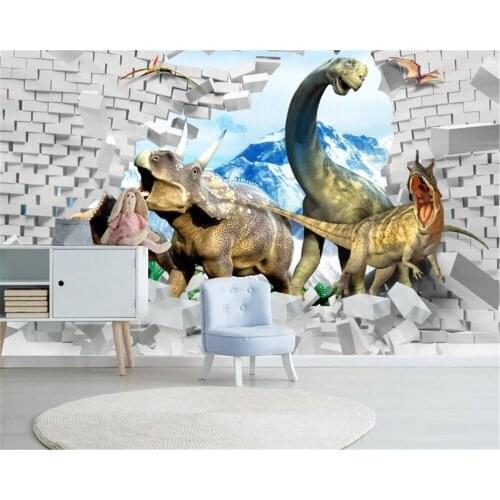 3d Bedroom Wallpaper Three-dimensional Background Wall Decoration Painting of a Dinosaur Through the Childrens Room