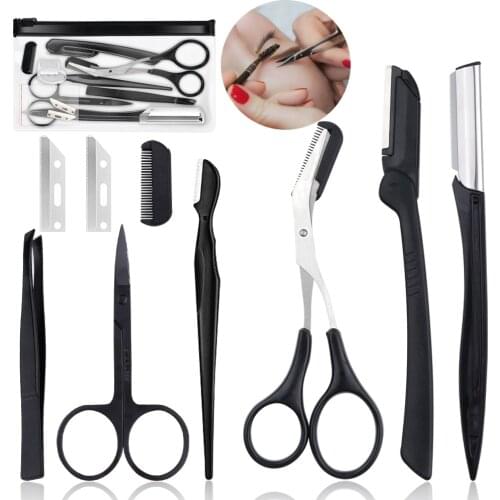 4/6/8/11PCS Eyebrow Shaper Set Eyebrow Cutters Face Shaver Hair Removal Razor Tweezers Brow Trimmer Scissors Comb Woman Makeup