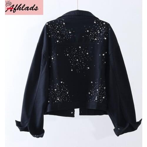 Black Denim Jacket Outerwear Female Beaded 2021 Spring And Autumn New Korean Loose Single-Breasted Turn-Down Collar Coats