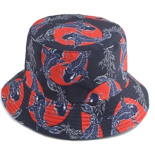Men Women Vintage Reversible Bucket Hat Summer Outdoor Sunscreen Fish Frog Fox Printed Panama Fisherman Cap