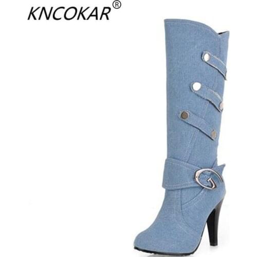 2017 denim high-heeled boots thin heels boots womens shoes spring and autumn high-leg boots plus size boots