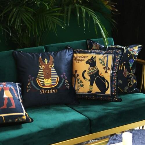 Egypt Throw Pillow Cushion Cover Vintage Ancient Egyptian Artwork Sofa Bed Pillow Case Cover Luxury Velvet Square Design Navy