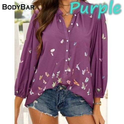 Elegant Butterfly Print Turndow Collar Shirt Lady Loose Single-breasted Button Chiffon Blouse Fashion Oversize Nine-Sleeve Tops
