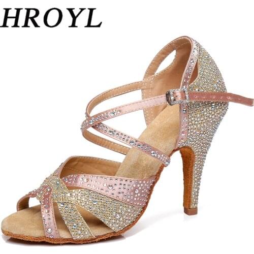 HROYL Womens Latin Dance Shoes Ballroom Party Dance Practice Performance Shoes Suede Sole High Heel 3 Colors Rhinestone Sandals