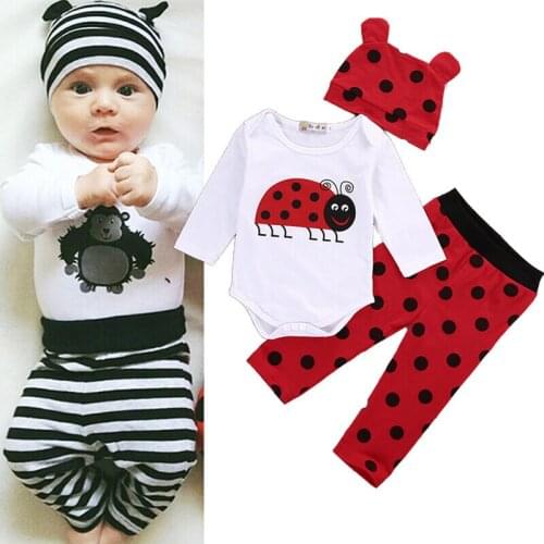 Newborn Infants Baby Boys Girls 0-18M Rompers Long Pants Hats Outfit Set Clothes 3Pcs