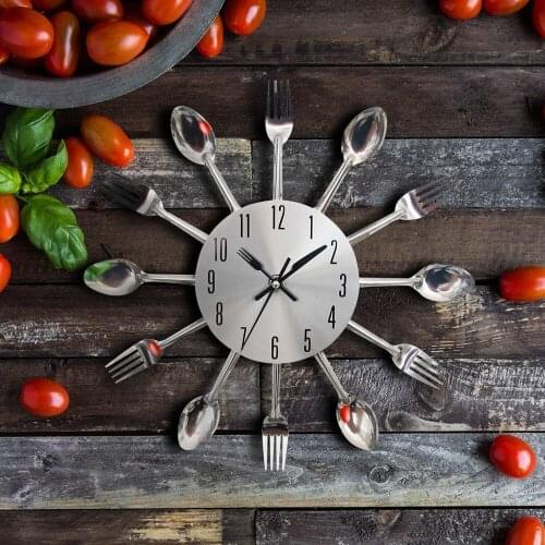 Cutlery Metal Kitchen Wall Clock Spoon Fork Creative Quartz Wall Mounted Clocks Modern Design Decorative Horloge Murale Hot Sale
