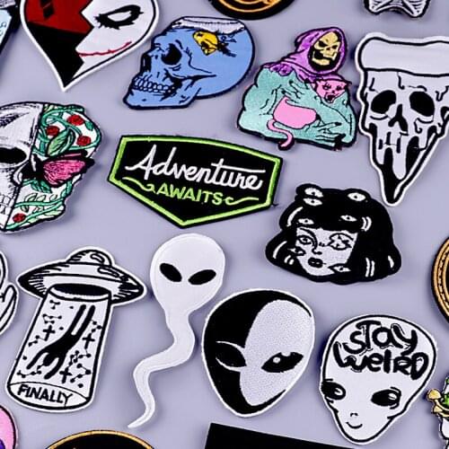 Pulaqi Alien/Skull Patch Patch Iron On Patches On Clothes Embroidered Patches For Clothing Punk Stripes Patch Badge Applique DIY