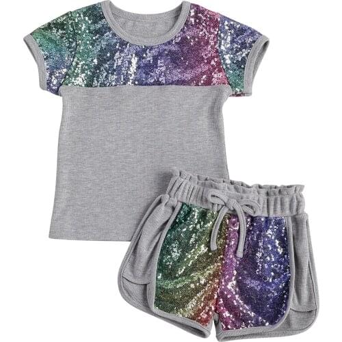 New Kids Sequin Set, Round Neck Short Sleeve Top Elastic Head Sequin Shorts for Summer Autumn