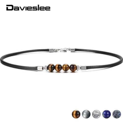 Davieslee 8mm Natural Stone Leather Choker Necklace for Men Women Eagle Eye Jewelry Gifts Women Mens Bead Necklace 18inch LDNM27