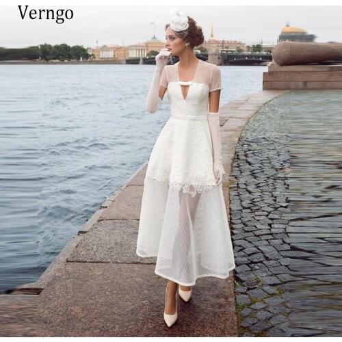 Verngo Vintage A Line Lace Wedding Dresses Short Sleeves V Neck Ankle Length Bride Party Reception Gowns 1980' Bridal Dress